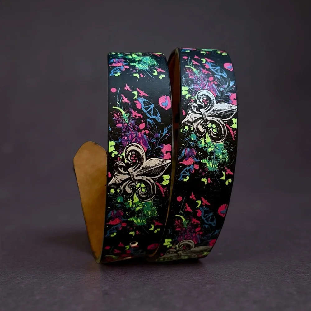 Black Leather Fleur de Lis Belt Mens 34-38 Floral Engraved Streetwear NWT
